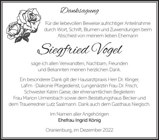 Traueranzeige von Siegfried Vogel von Märkische Oderzeitung