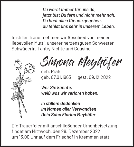 Traueranzeige von Simona Meyhöfer von Märkische Oderzeitung