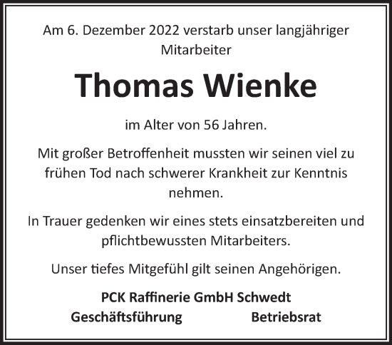 Traueranzeige von Thomas Wienke von Märkische Oderzeitung