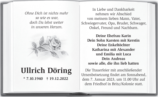 Traueranzeige von Ullrich Döring von Märkische Oderzeitung