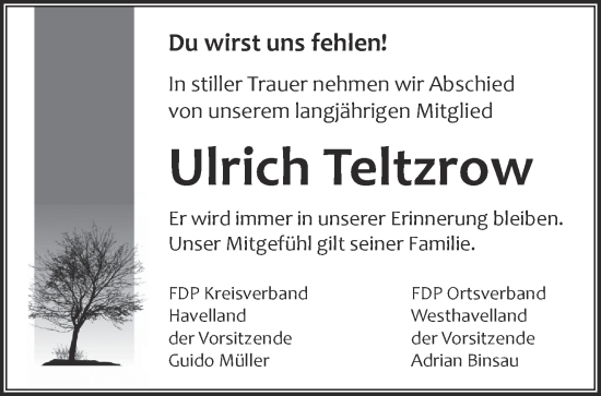 Traueranzeige von Ulrich Teltzrow von Märkische Oderzeitung