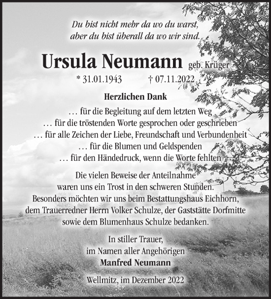 Traueranzeige von Ursula Neumann von Märkische Oderzeitung