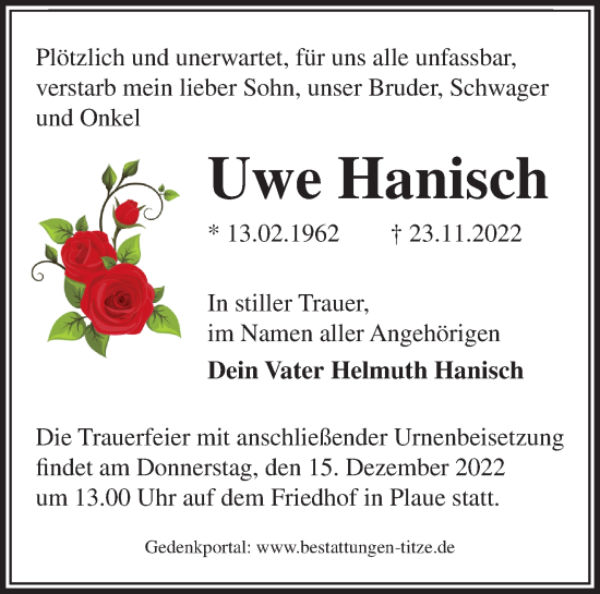 Traueranzeige von Uwe Hanisch von Märkische Oderzeitung