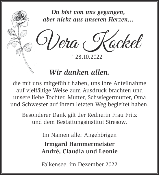 Traueranzeige von Vera Kockel von Märkische Oderzeitung