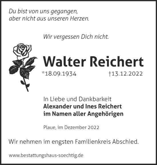 Traueranzeige von Walter Reichert von Märkische Oderzeitung