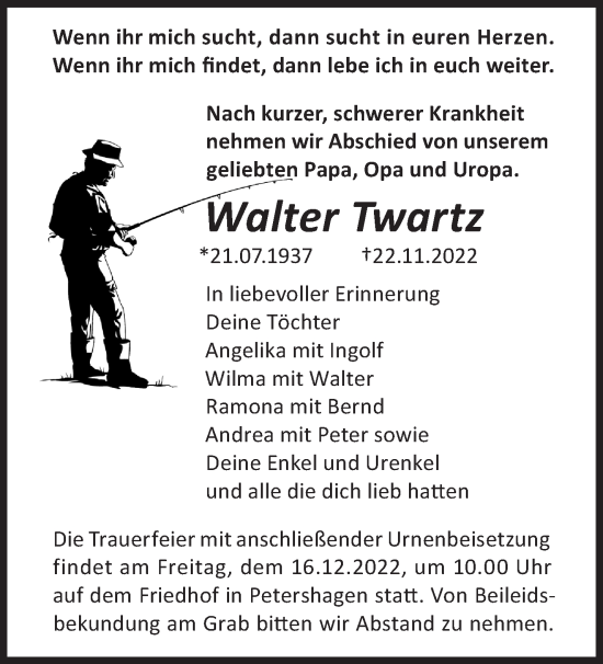 Traueranzeige von Walter Twartz von Märkische Oderzeitung