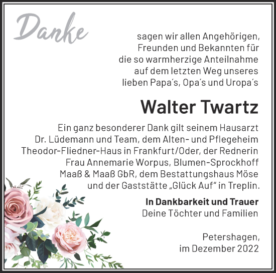 Traueranzeige von Walter Twartz von Märkische Oderzeitung