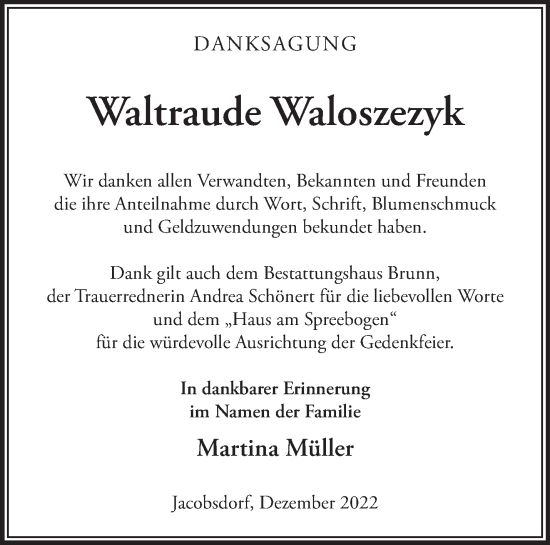 Traueranzeige von Waltraude Waloszezyk von Märkische Oderzeitung