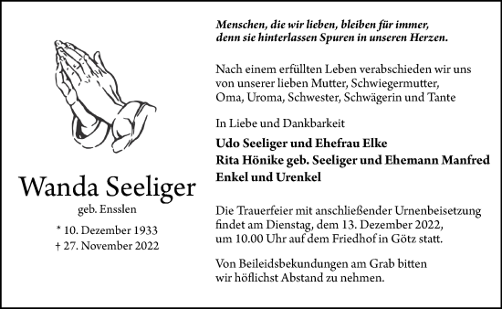 Traueranzeige von Wanda Seeliger von Märkische Oderzeitung