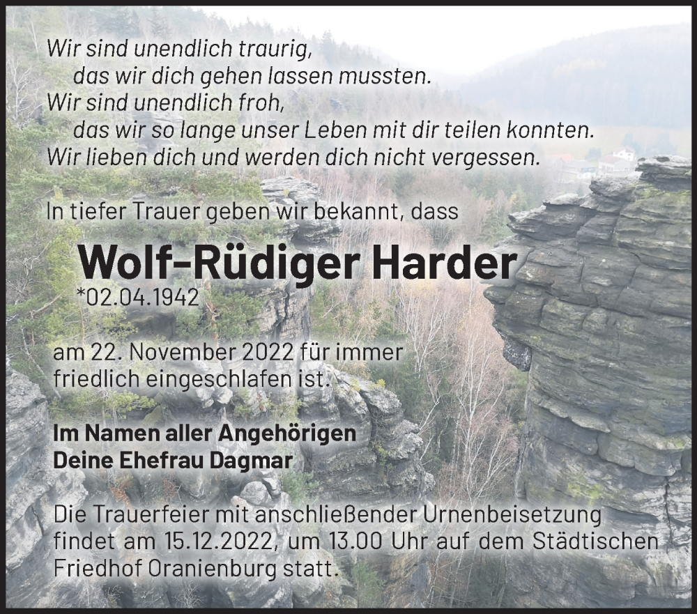  Traueranzeige für Wolf-Rüdiger Harder vom 03.12.2022 aus Märkische Oderzeitung