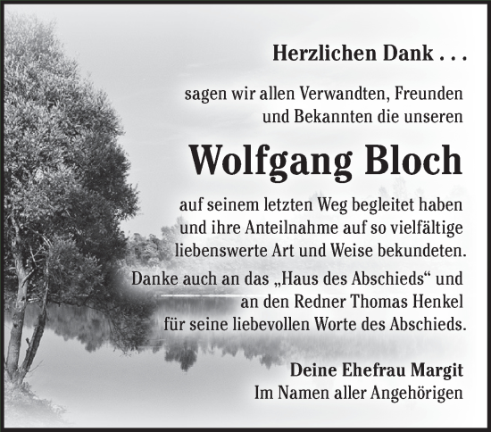 Traueranzeige von Wolfgang Bloch von Märkische Oderzeitung