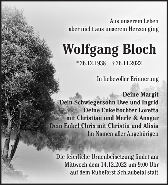 Traueranzeige von Wolfgang Bloch von Märkische Oderzeitung