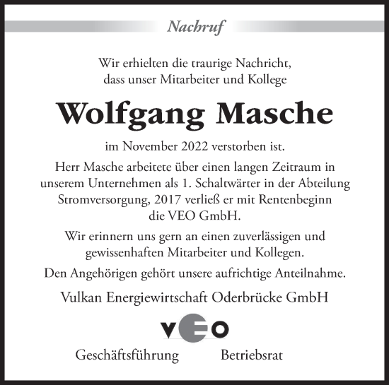 Traueranzeige von Wolfgang Masche von Märkische Oderzeitung