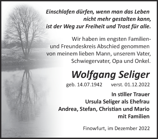 Traueranzeige von Wolfgang Seliger von Märkische Oderzeitung