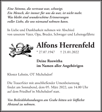 Traueranzeige von Alfons Herrenfeld von Märkische Oderzeitung