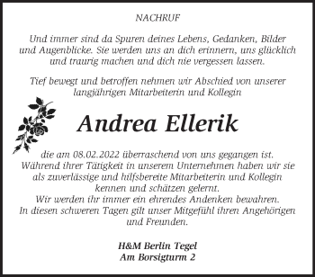 Traueranzeige von Andrea Ellerik von Märkische Oderzeitung