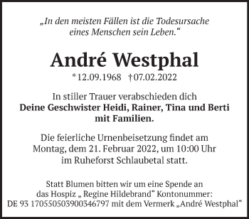 Traueranzeige von André Westphal von Märkische Oderzeitung