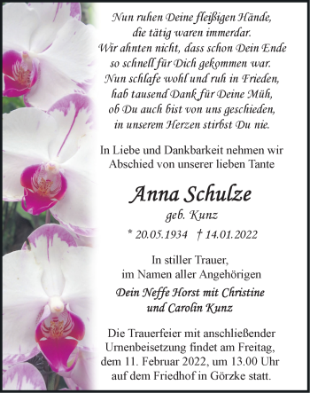 Traueranzeige von Anna Schulze von Märkische Oderzeitung