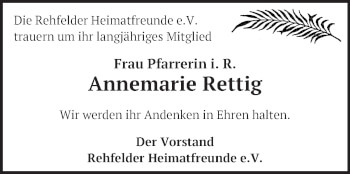 Traueranzeige von Annemarie Rettig von Märkische Oderzeitung