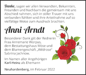 Traueranzeige von Anni Arndt von Märkische Oderzeitung