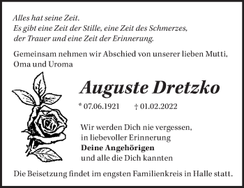 Traueranzeige von Auguste Dretzko von Märkische Oderzeitung