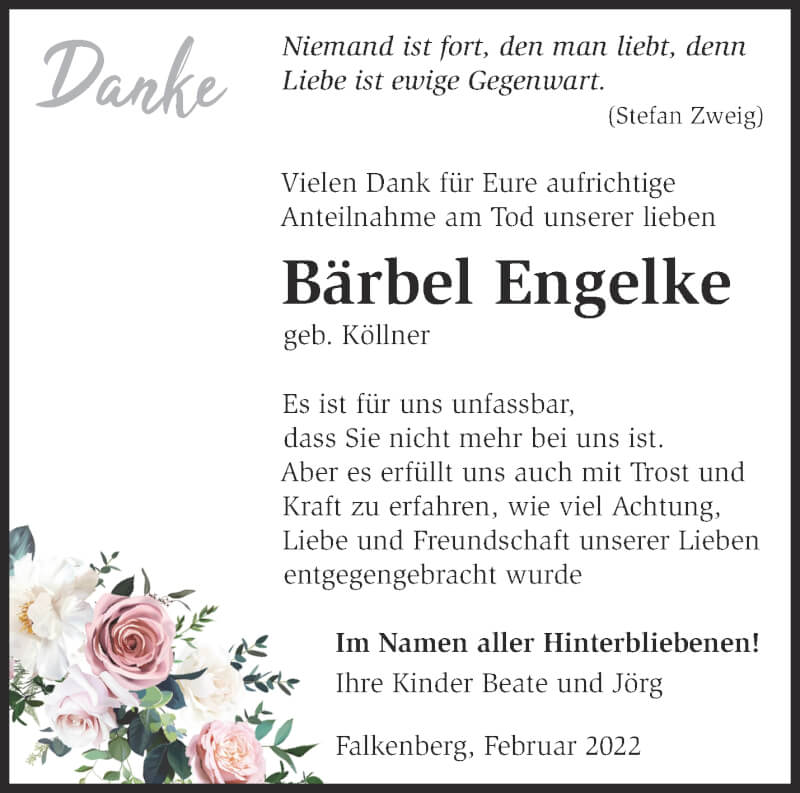  Traueranzeige für Bärbel Engelke vom 05.02.2022 aus Märkische Oderzeitung