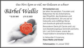 Traueranzeige von Bärbel Wallis von Märkische Oderzeitung