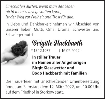 Traueranzeige von Brigitte Hackbarth von Märkische Oderzeitung