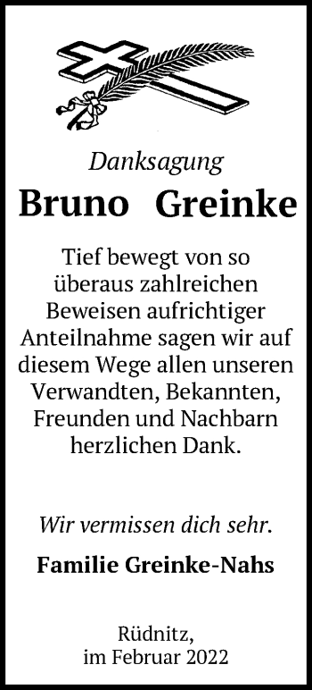 Traueranzeige von Bruno Greinke von Märkische Oderzeitung