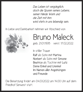 Traueranzeige von Bruno Maleck von Märkische Oderzeitung