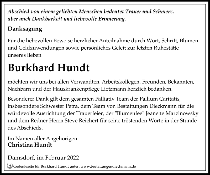  Traueranzeige für Burkhard Hundt vom 20.02.2022 aus Märkische Oderzeitung