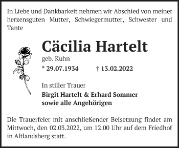 Traueranzeige von Cäcilia Hartelt von Märkische Oderzeitung