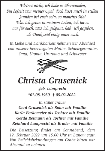 Traueranzeige von Christa Grusenick von Märkische Oderzeitung