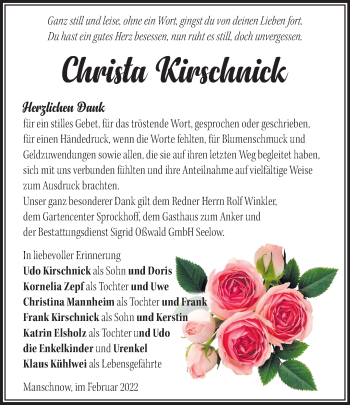 Traueranzeige von Christa Kirschnick von Märkische Oderzeitung