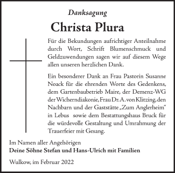 Traueranzeige von Christa Plura von Märkische Oderzeitung