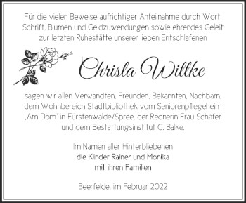 Traueranzeige von Christa Wittke von Märkische Oderzeitung