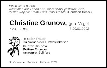 Traueranzeige von Christine Grunow von Märkische Oderzeitung