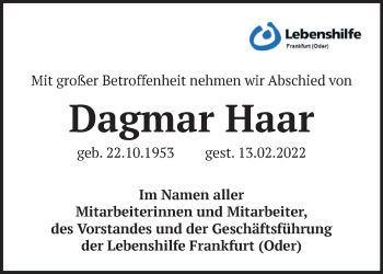 Traueranzeige von Dagmar Haar von Märkische Oderzeitung