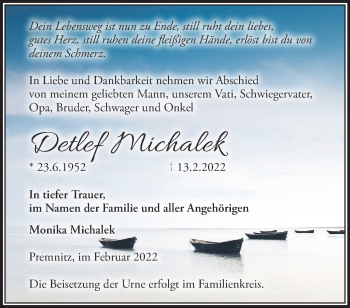 Traueranzeige von Detlef Michalek von Märkische Oderzeitung