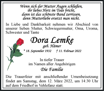 Traueranzeige von Dora Lemke von Märkische Oderzeitung