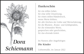 Traueranzeige von Dora Schiemann von Märkische Oderzeitung