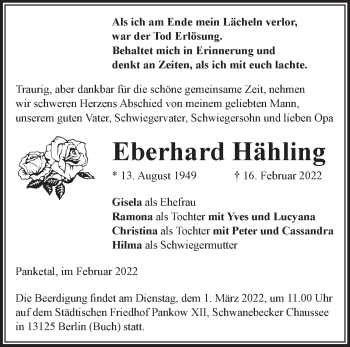 Traueranzeige von Eberhard Hähling von Märkische Oderzeitung