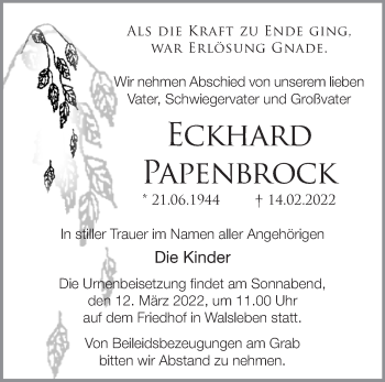 Traueranzeige von Eckhard Papenbrock von Märkische Oderzeitung