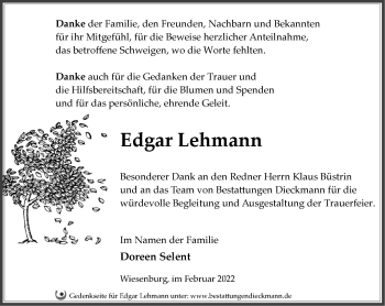 Traueranzeige von Edgar Lehmann von Märkische Oderzeitung