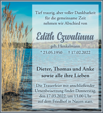 Traueranzeige von Edith Czwalinna von Märkische Oderzeitung