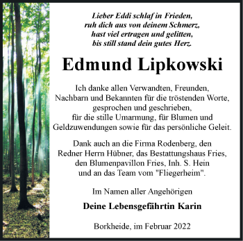 Traueranzeige von Edmund Lipkowski von Märkische Oderzeitung