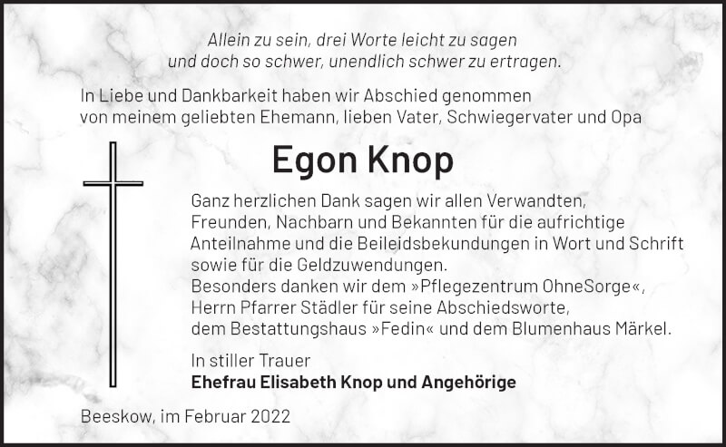  Traueranzeige für Egon Knop vom 19.02.2022 aus Märkische Oderzeitung