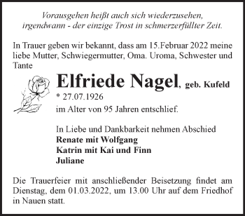 Traueranzeige von Elfriede Nagel von Märkische Oderzeitung
