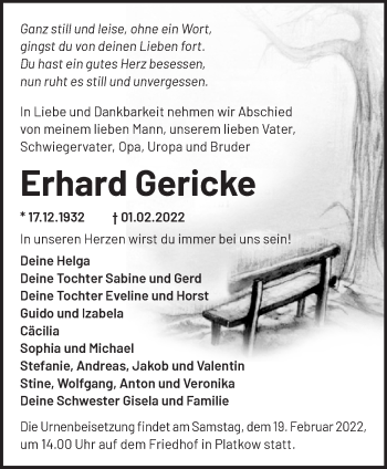 Traueranzeige von Erhard Gericke von Märkische Oderzeitung