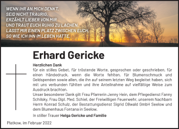 Traueranzeige von Erhard Gericke von Märkische Oderzeitung